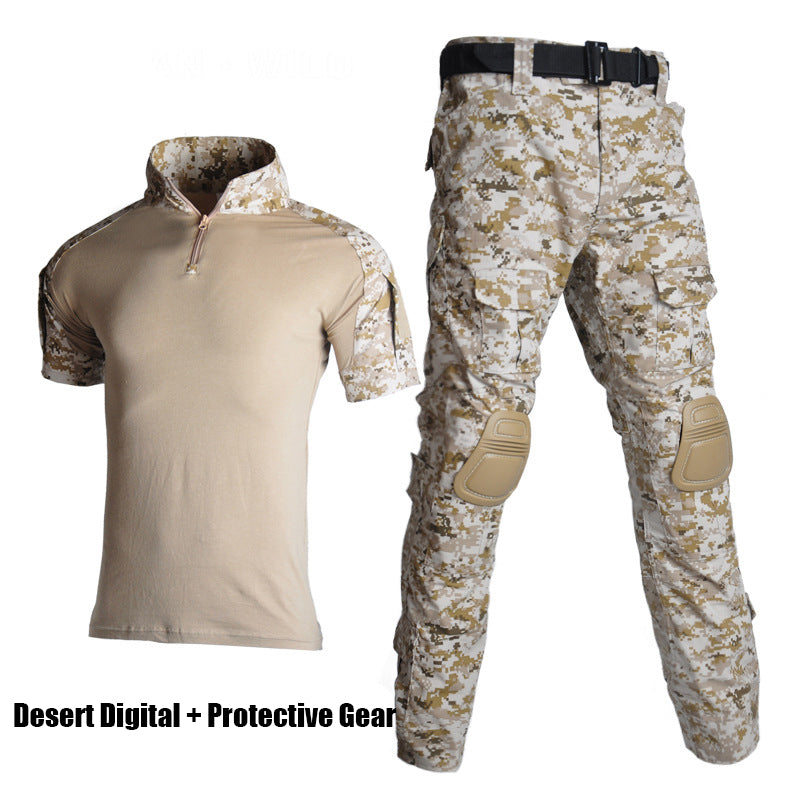 Army Tactical Camo Short Sleeve T-Shirt Pants with Protective Gear